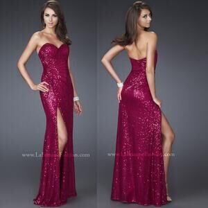 La Femme 16546 Prom Red Sequin Ruched Sweetheart Neck Maxi Dress Holiday Size 0